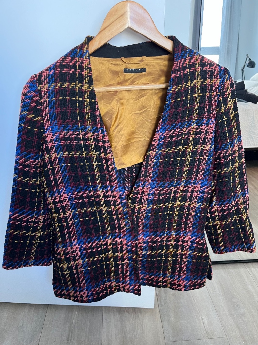 Sisley Collarless Bouclé Tweed Plaid Blazer